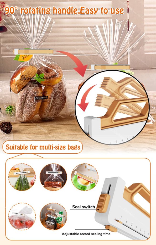 Food sealing clip with 90-degree rotating handle