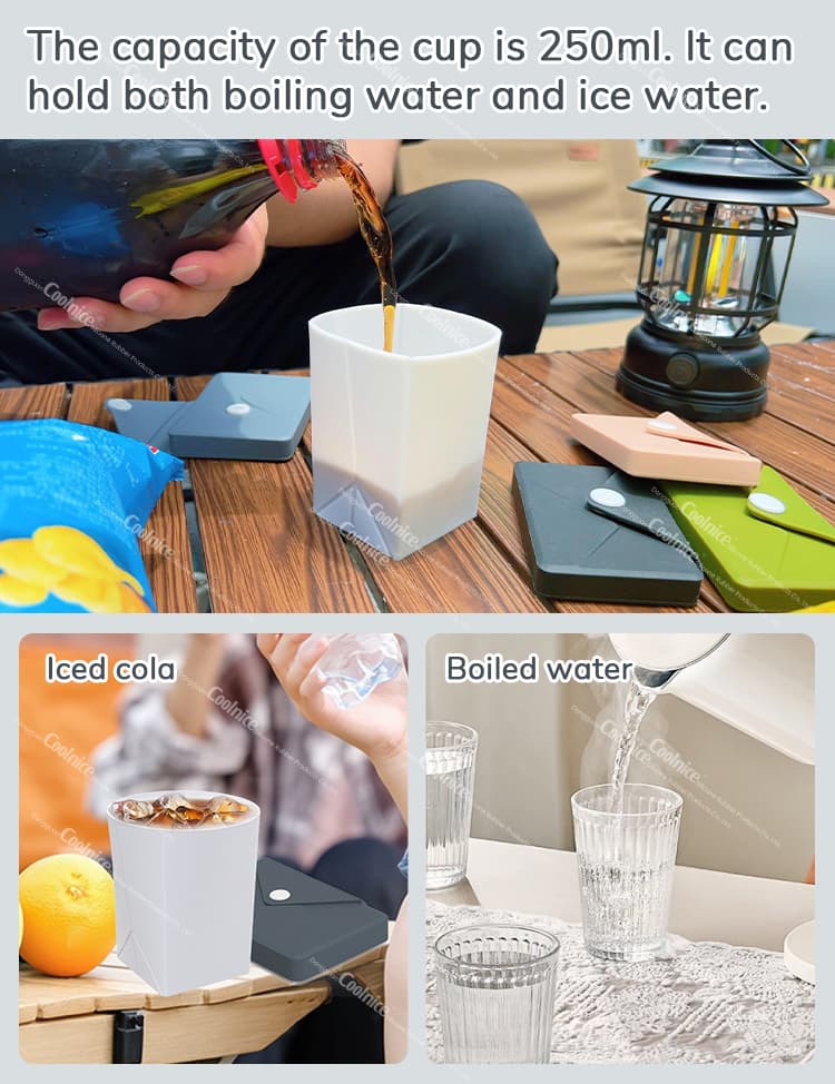 Collapsible silicone folding cup 250ml capacity for hot and cold drinks