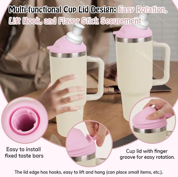 Multi-functional silicone cup lid with rotation, hook, and flavor stick securement