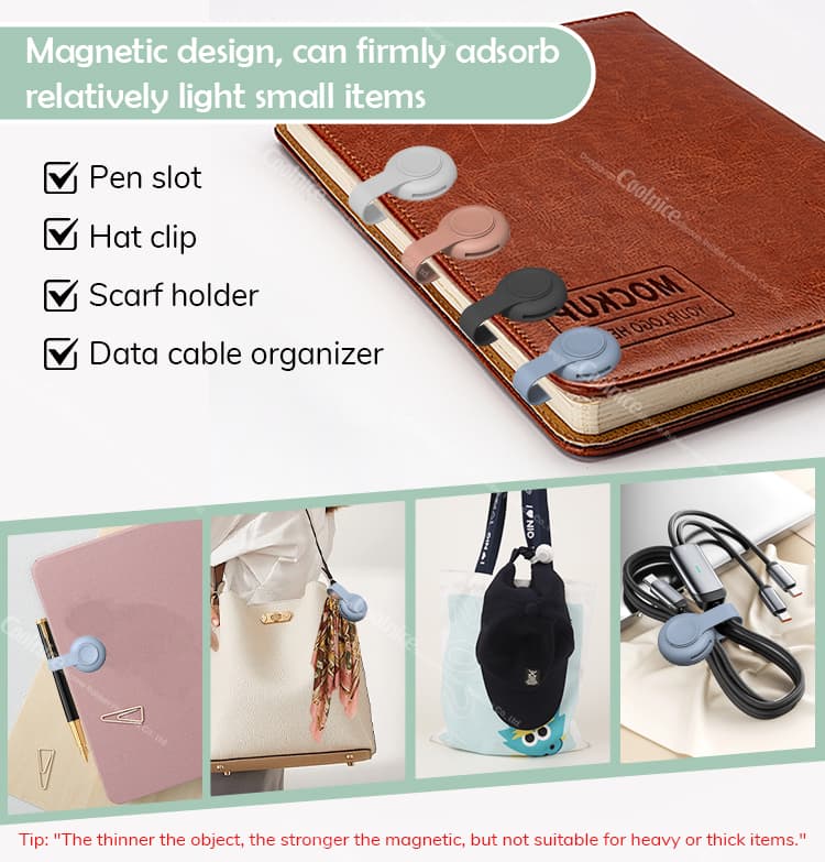 Silicone magnetic clip as pen slot, hat clip, scarf holder, and cable organizer