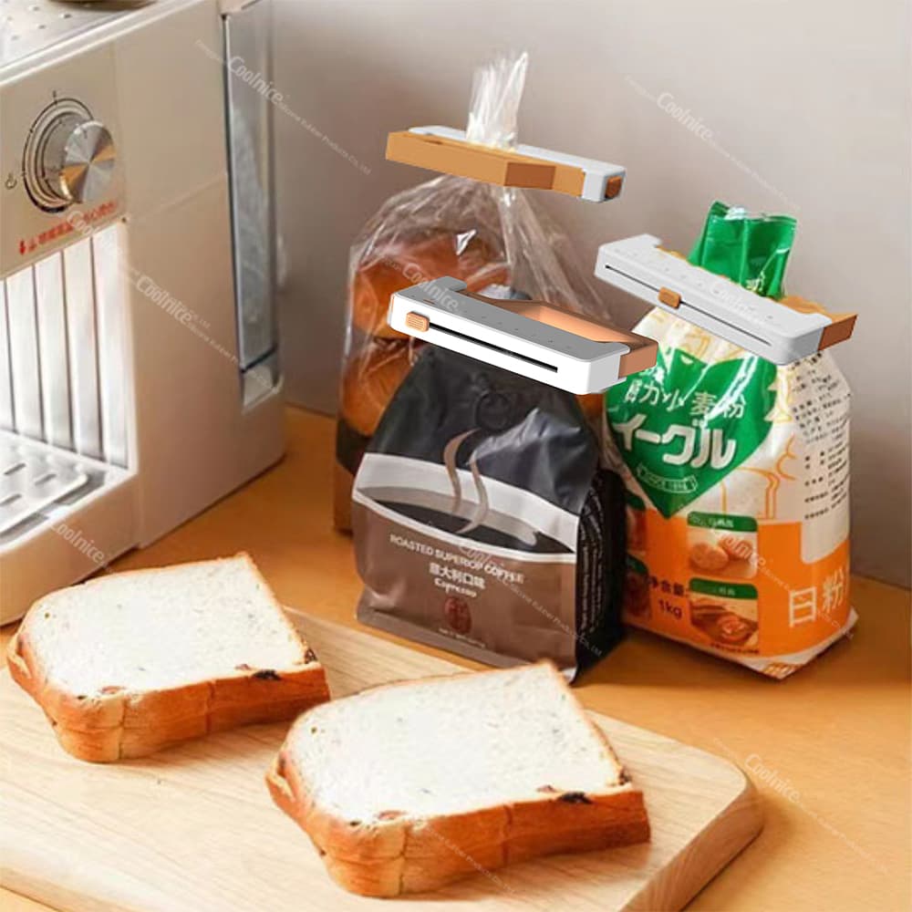 Food storage bag sealed with reusable clip for bread and coffee
