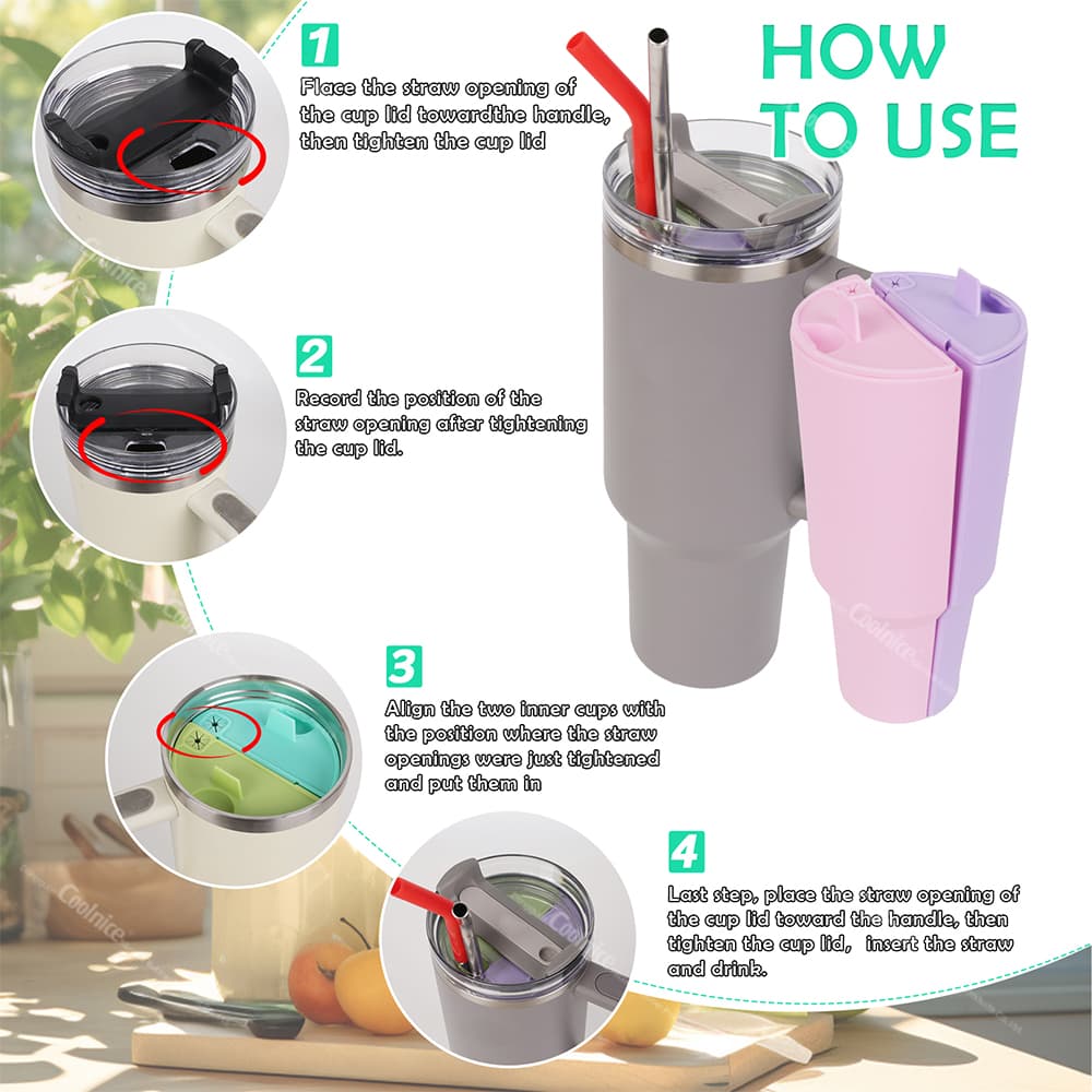 Silicone dual drink divider usage guide for Stanley 40oz cup