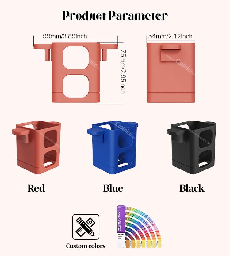 Red, Blue, and Black Cookie Holders with size dimensions.