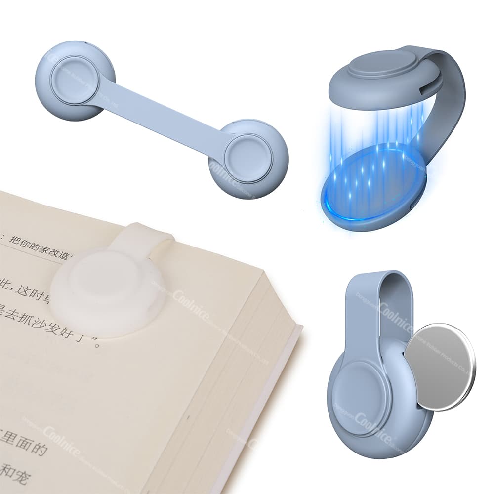 Silicone magnetic clip used as book page holder and reading light accessory