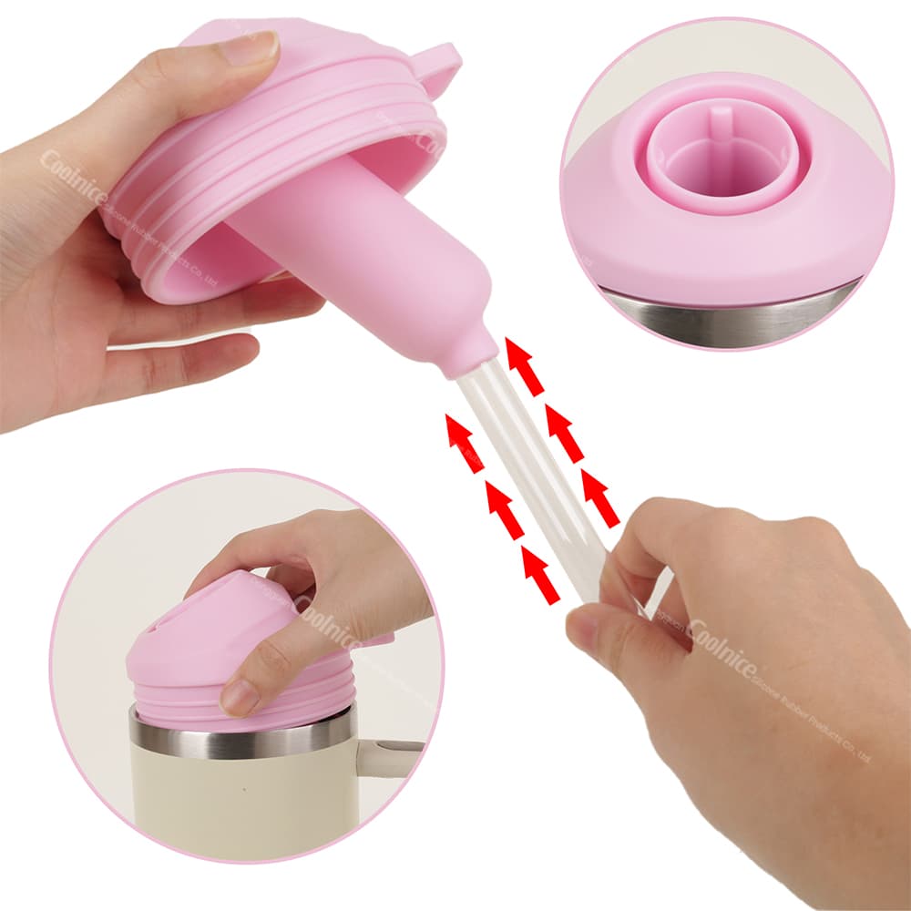 Pink silicone lid with straw insertion demo