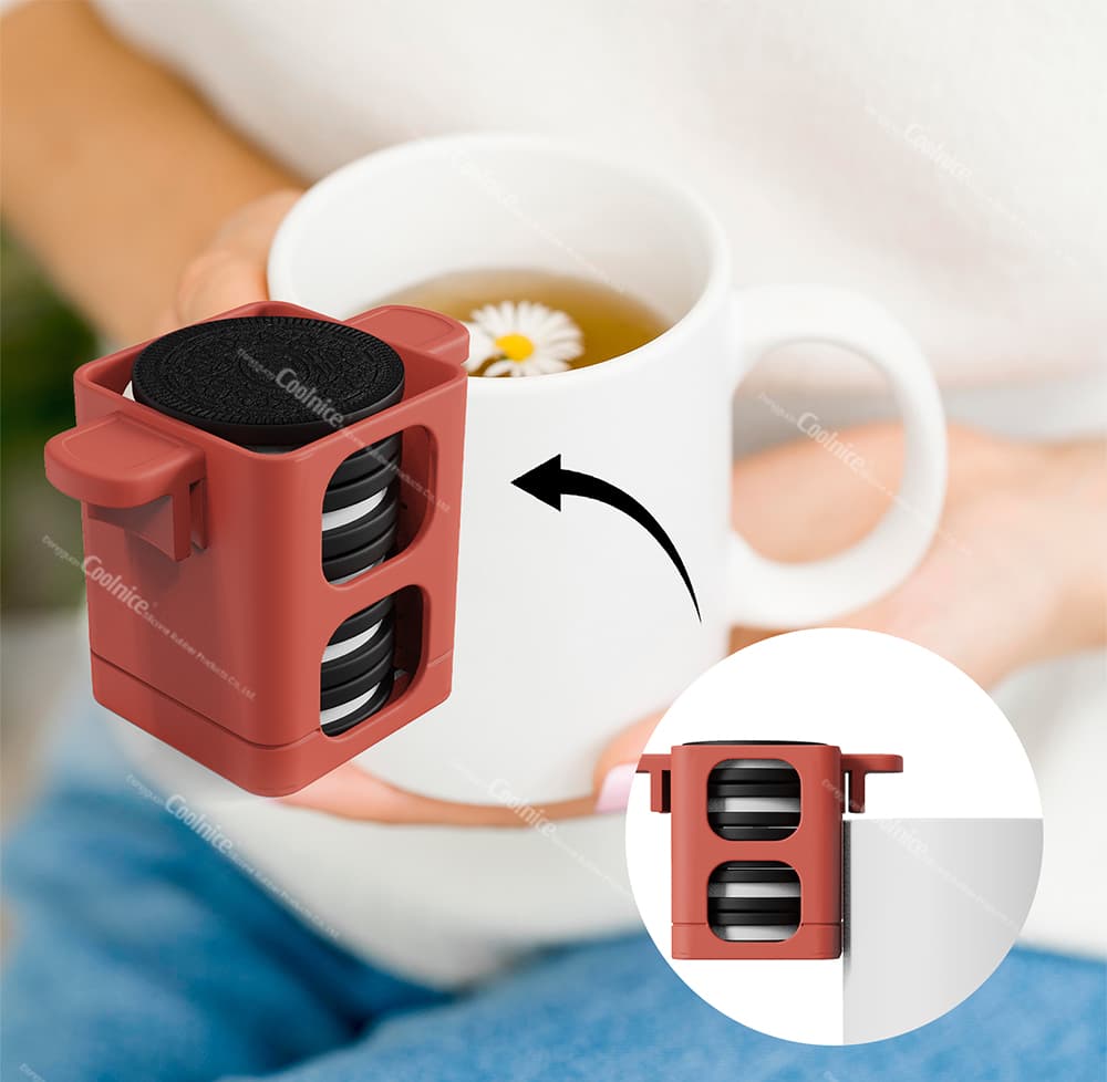 Cookie dipping holder clipped to white mug with tea