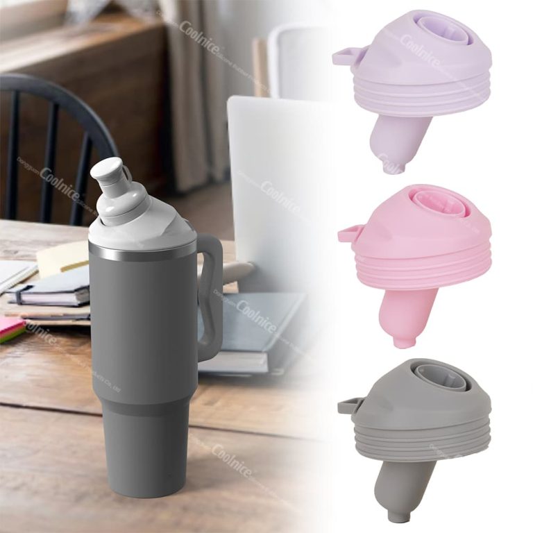 Grey and purple silicone tumbler lids in office setting