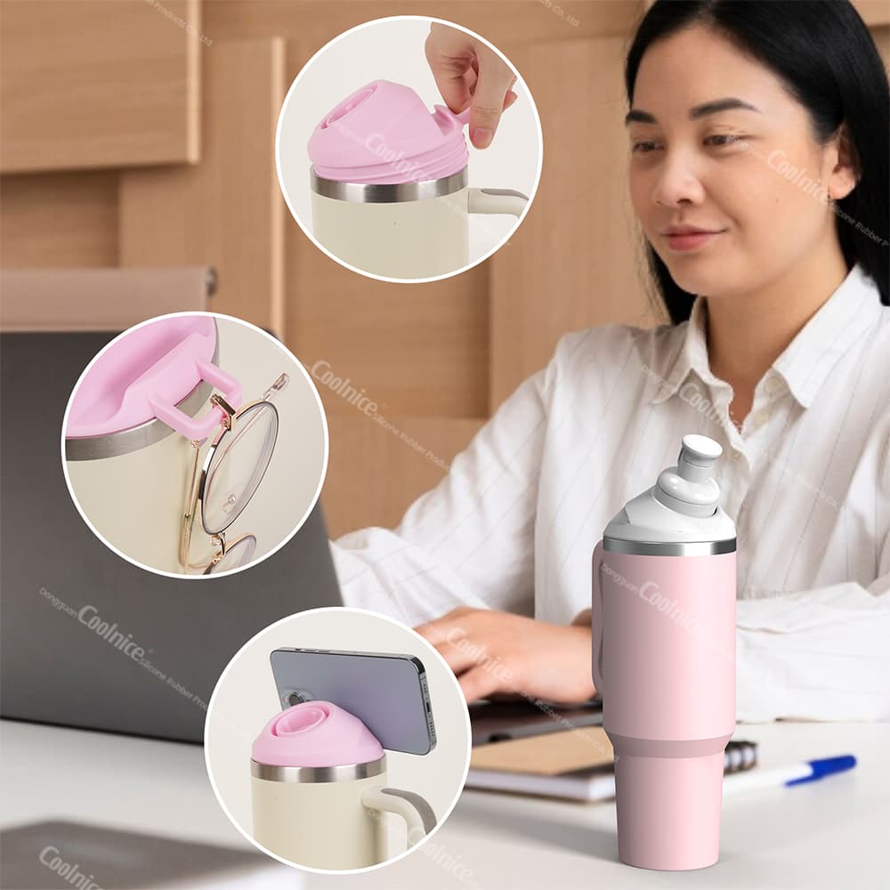 Pink silicone lid with accessory hooks and phone holder