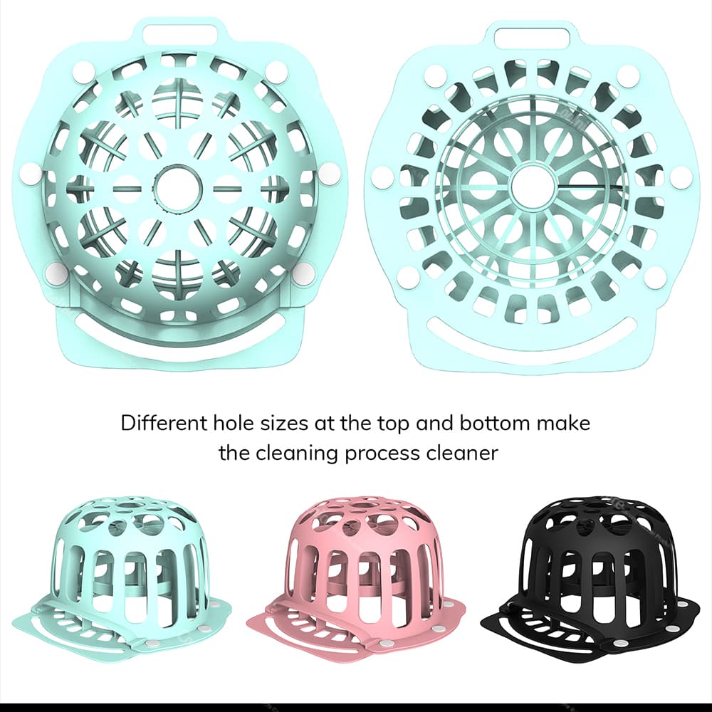 Hat cleaning cage top and bottom hole design for better wash
