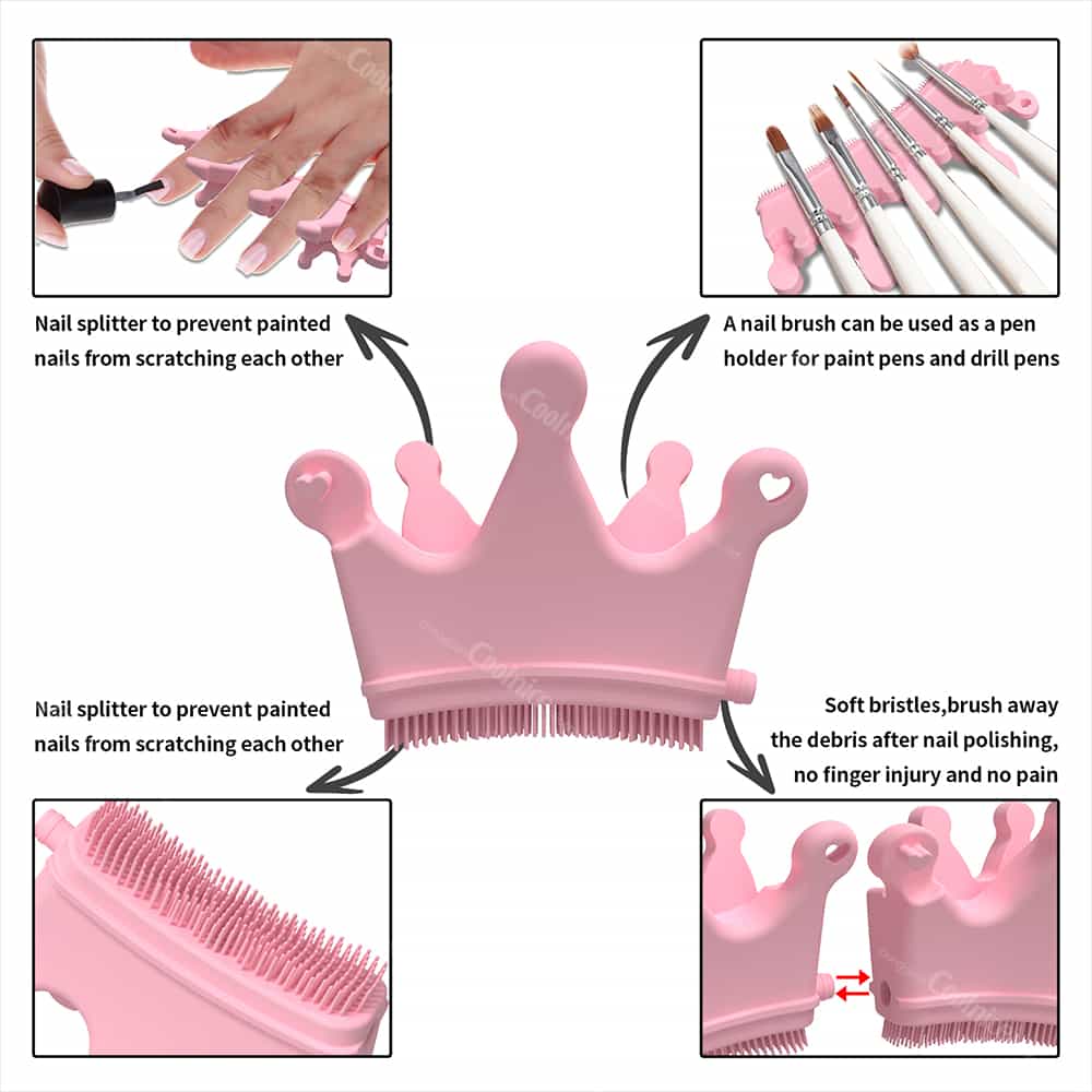 Pink silicone crown nail separator with soft bristles for cleaning