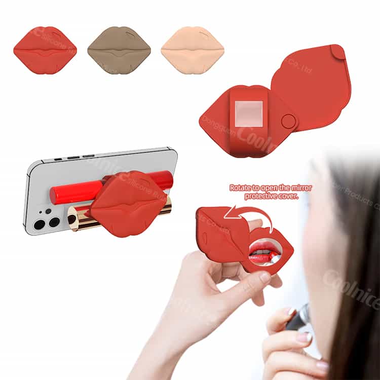 Lipstick phone case with a rotating mirror feature, shown in use.