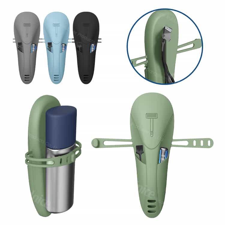Razor storage case with both drainage and clip features.