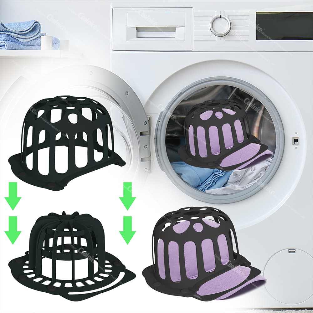 Foldable silicone hat washer cage in pink, mint, and black