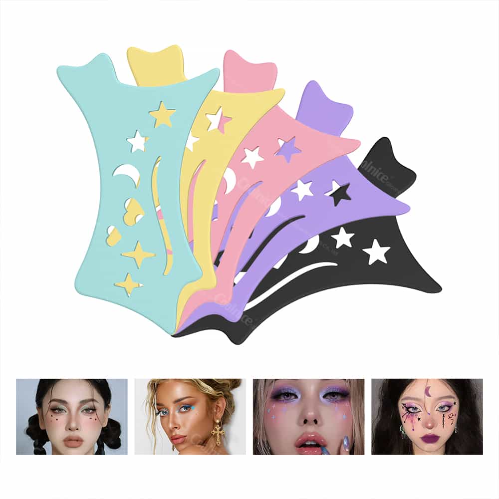Colorful silicone eyeliner and face painting stencils set with moon, stars, and heart cutouts.