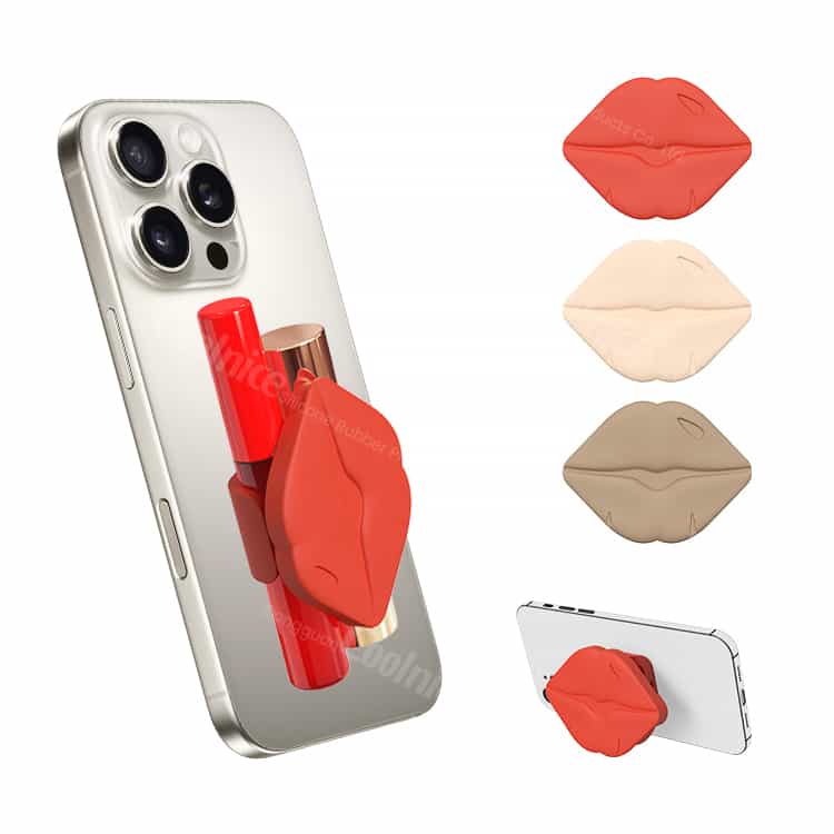 Silicone lip-shaped phone holder with lipstick storage.