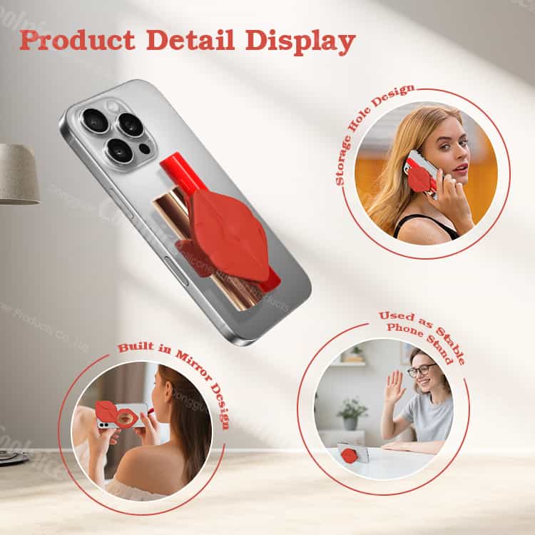 Phone holder with built-in mirror and storage pockets.