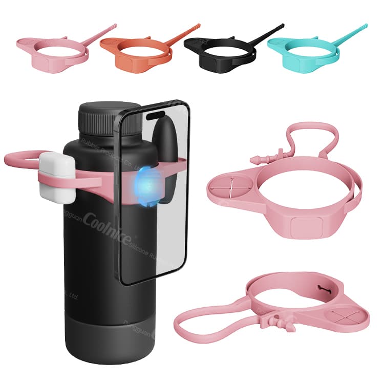 Silicone Water Bottle Strap with Phone Mount and Earbud Holder