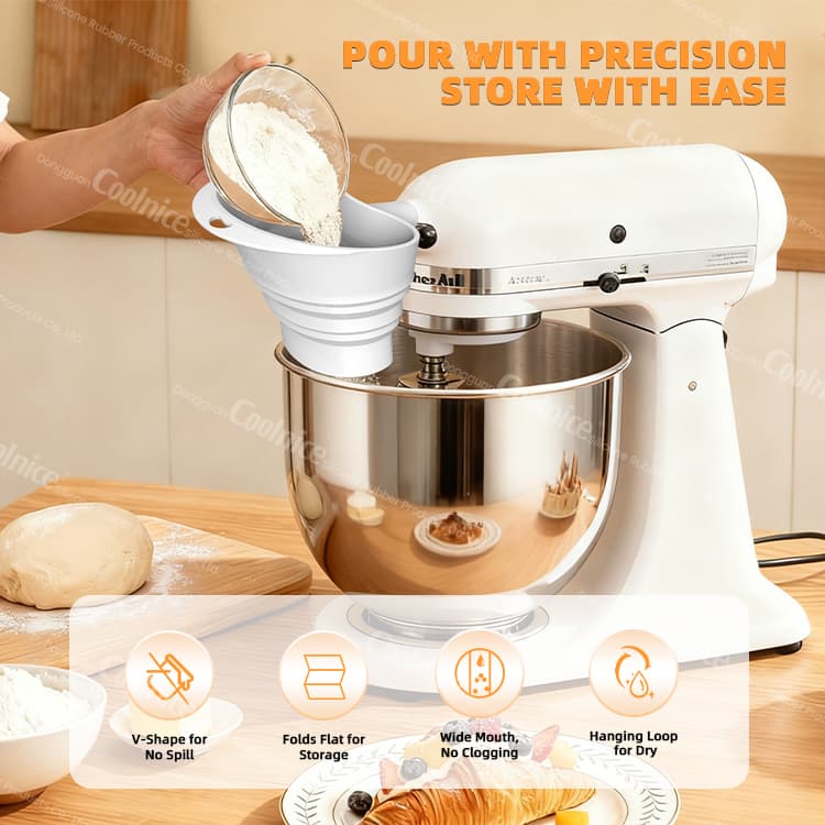 Silicone mixer chute for precision pouring flour into KitchenAid bowl