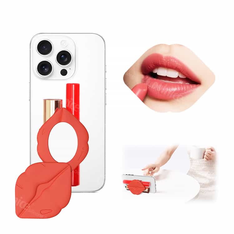 Lipstick holder phone stand with mirror feature.
