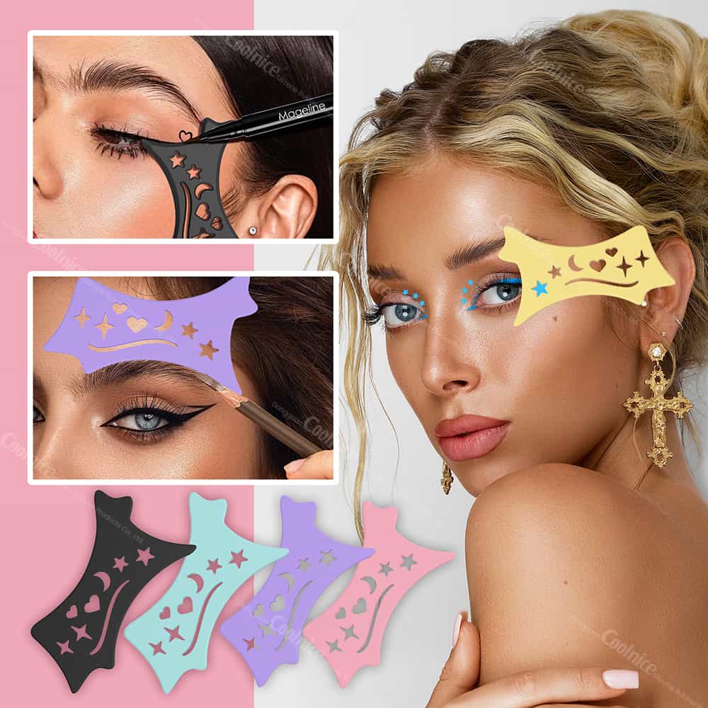 Woman using eyeliner stencil for precise makeup application around eyes.