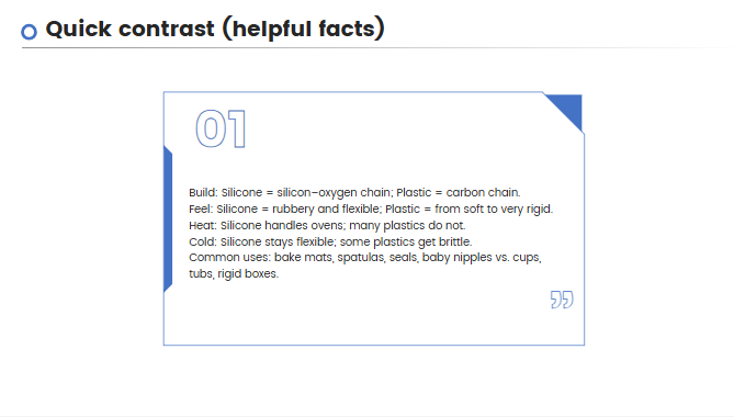 Quick contrast facts: silicone vs plastic—build (Si–O chain vs carbon), feel, heat and cold performance, and common uses like bake mats, spatulas, seals and baby nipples versus rigid cups and boxes.