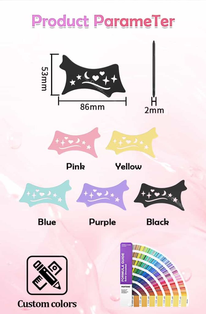Product parameters of silicone eyeshadow stencil with colors and sizes