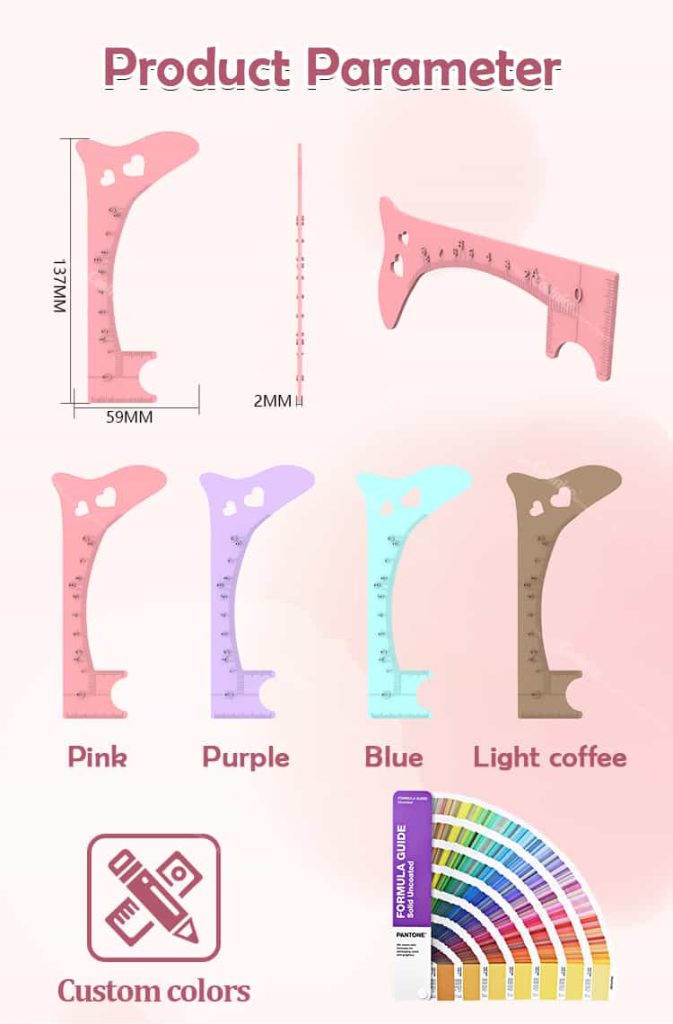 Product size chart of silicone eyebrow ruler with color options