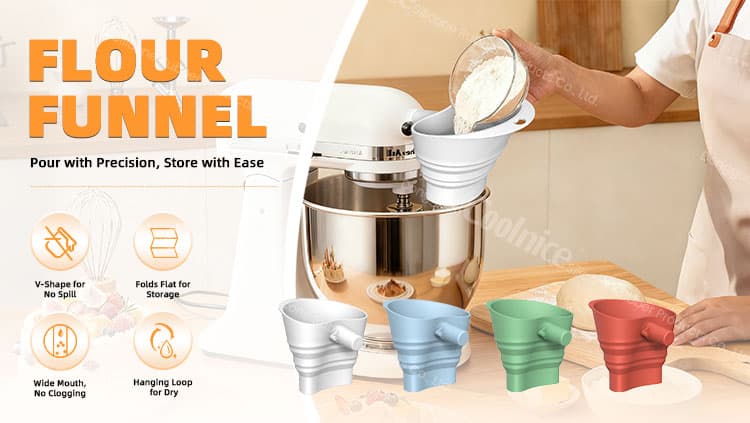 Collapsible silicone flour funnel for KitchenAid mixer