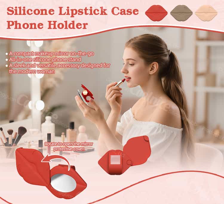 Silicone lipstick case phone holder with built-in mirror and lipstick storage, used for makeup.