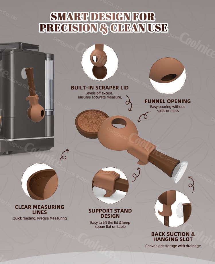 Smart design silicone coffee scoop with scraper lid and suction base