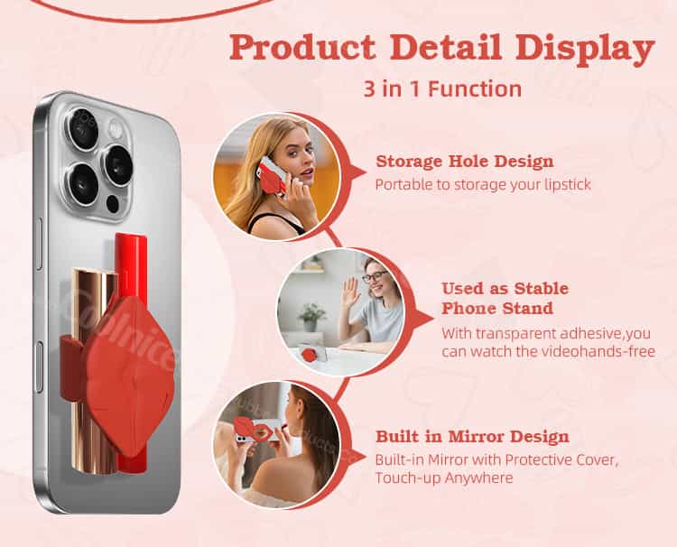 3-in-1 silicone lipstick phone holder with mirror, stand, and storage feature.