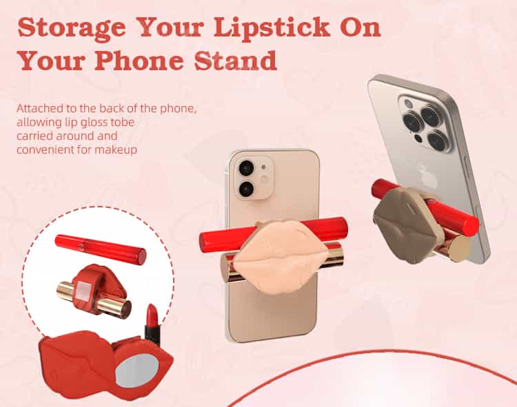 Storage for lipstick with phone stand functionality in a silicone lipstick holder.
