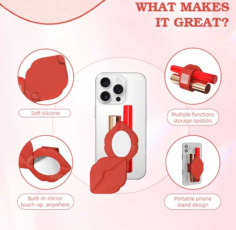 Silicone lipstick phone holder with mirror and multiple functions displayed.