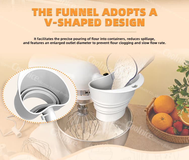 V-shape wide-mouth silicone flour funnel prevents clogging
