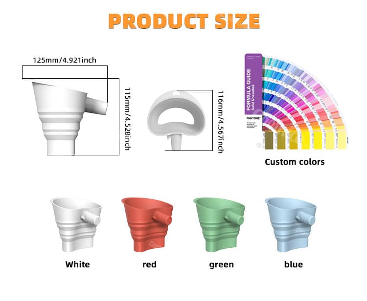 Multi-color silicone funnel with size dimensions for KitchenAid mixers