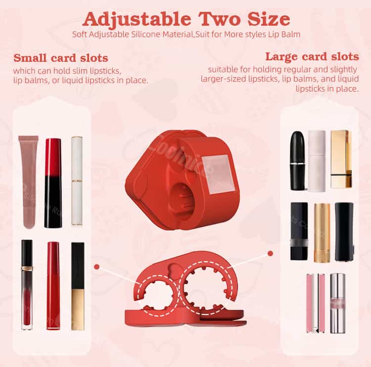 Adjustable silicone lipstick holder with two slot sizes for different lipstick types.