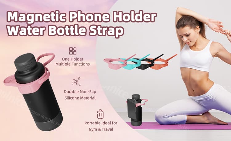 Magnetic phone holder water bottle strap in pink, black, blue, and orange colors for gym and travel use