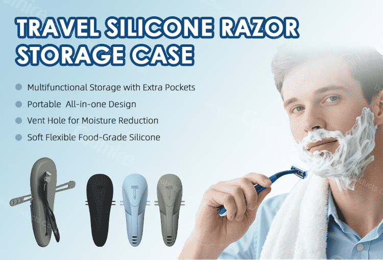 Travel silicone razor storage case with multifunctional design.