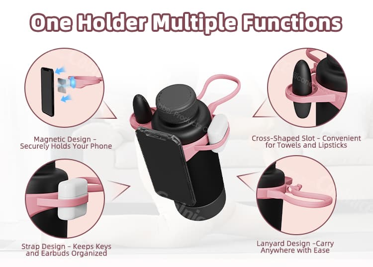 Silicone water bottle strap with magnetic phone mount, cross slot, and elastic strap for accessories