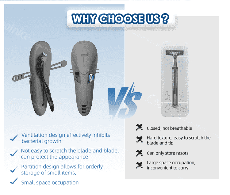 Razor storage comparison: Silicone case vs traditional razor holder.