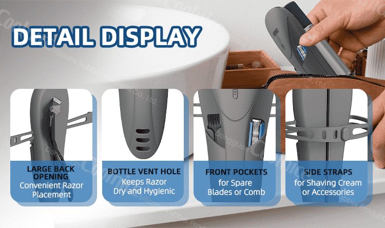 Detailed display of the features of the silicone razor storage case.