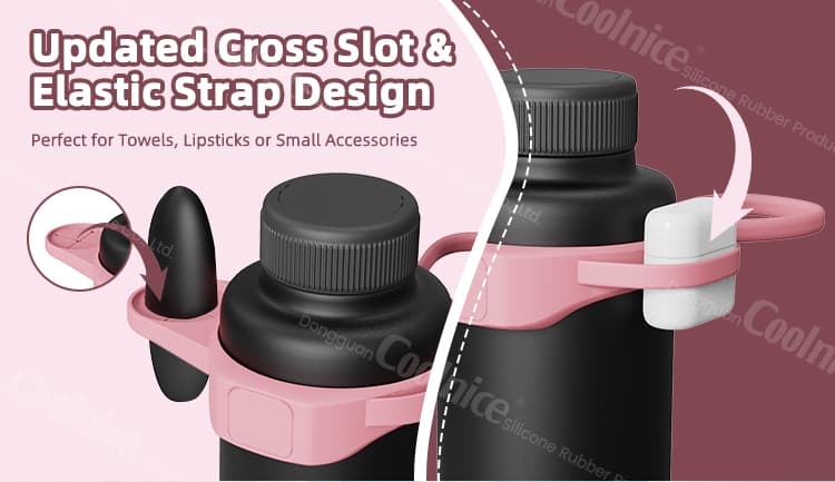 Cross slot and elastic strap design on silicone water bottle holder for towels, lipsticks, and accessories