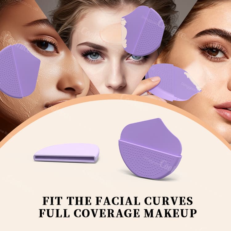 Purple silicone makeup applicator used on multiple skin tones