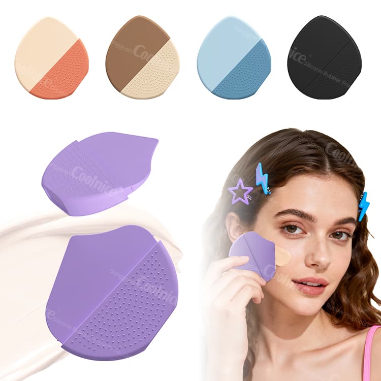 Variety of silicone makeup applicator colors with model applying foundation