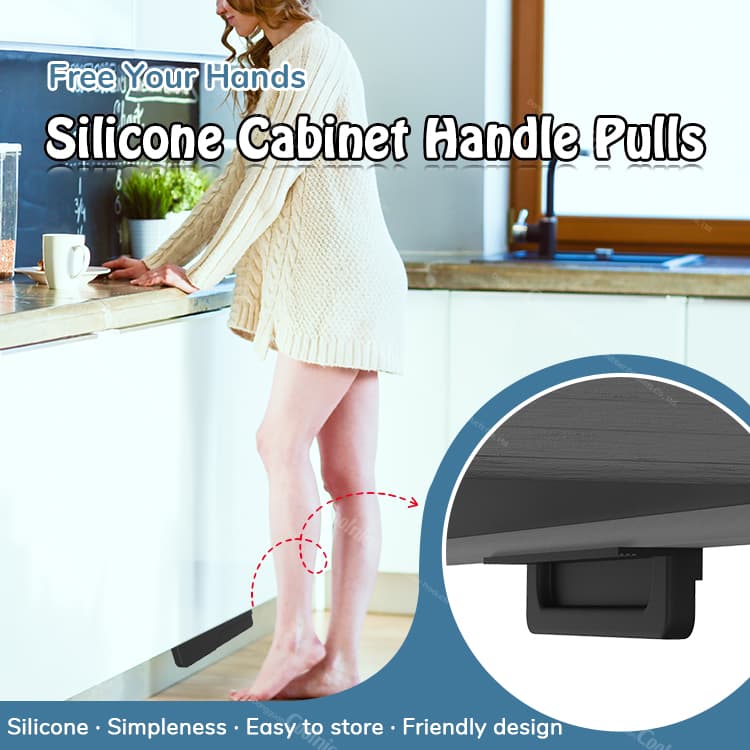 Silicone cabinet handle pulls installed under kitchen cabinet for hands-free use