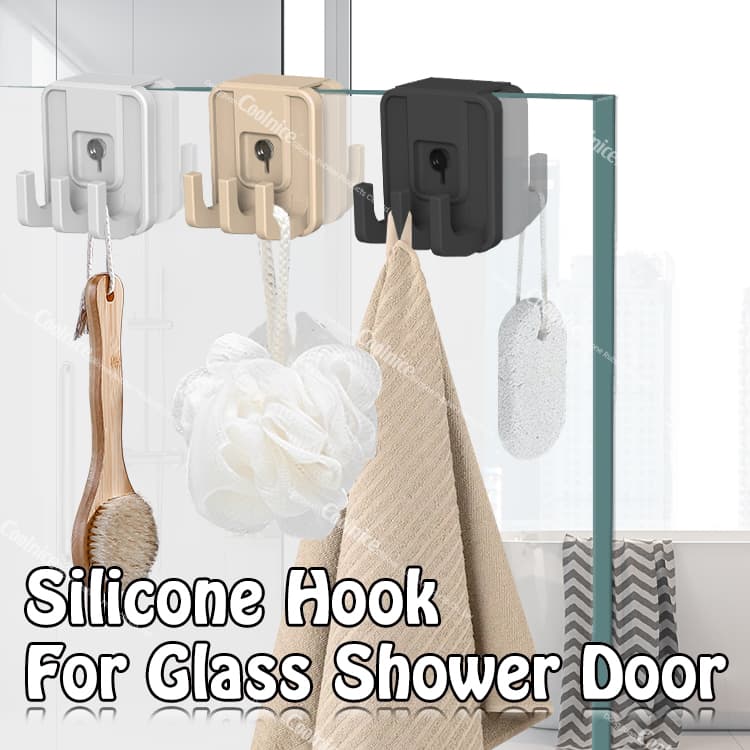 Silicone hook for glass shower door holding towel and bath accessories