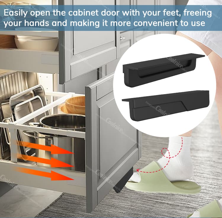 Silicone foot cabinet opener demonstration in kitchen with foot touch