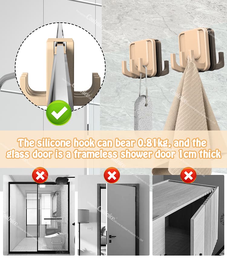 Silicone hook bearing weight on frameless glass door