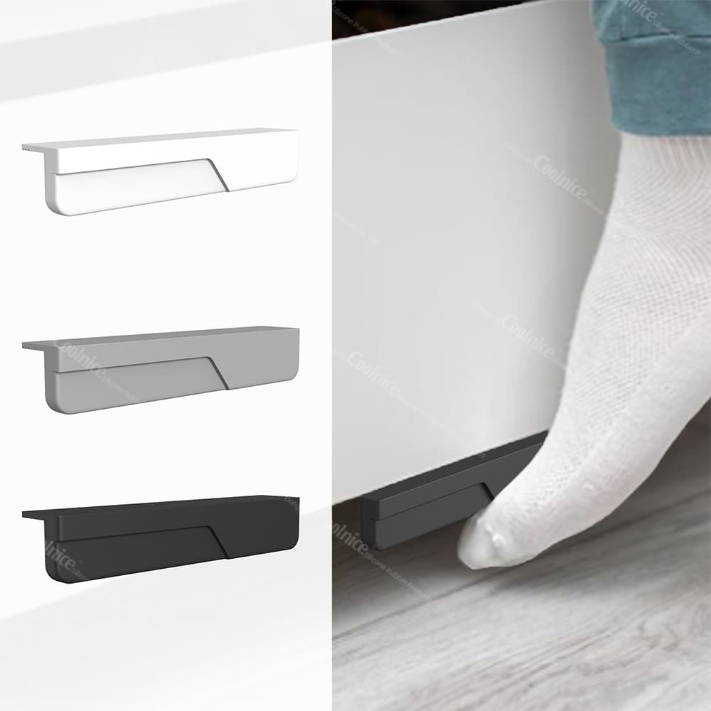 Silicone Foot Door Opener in multiple colors (white, grey, black) shown on cabinet bottom