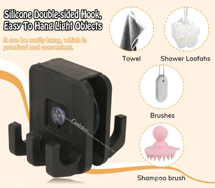 Black silicone double-sided shower hook holding towel, loofah, pumice and shampoo brush